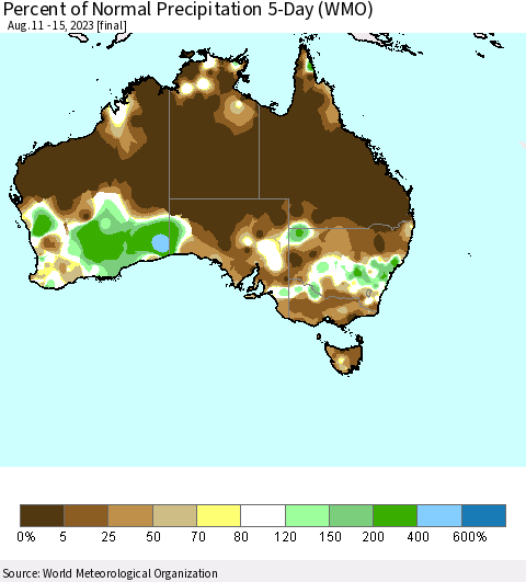 Australia Percent of Normal Precipitation 5-Day (WMO) Thematic Map For 8/11/2023 - 8/15/2023