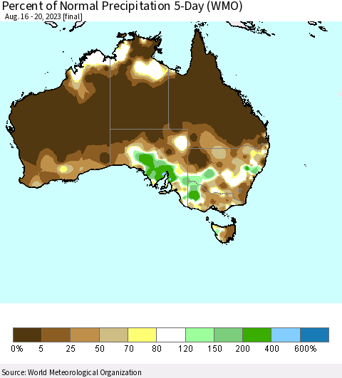 Australia Percent of Normal Precipitation 5-Day (WMO) Thematic Map For 8/16/2023 - 8/20/2023