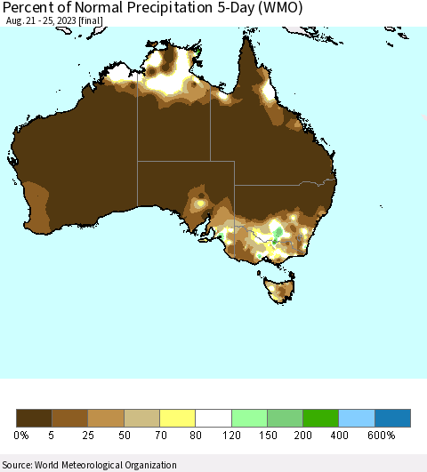 Australia Percent of Normal Precipitation 5-Day (WMO) Thematic Map For 8/21/2023 - 8/25/2023