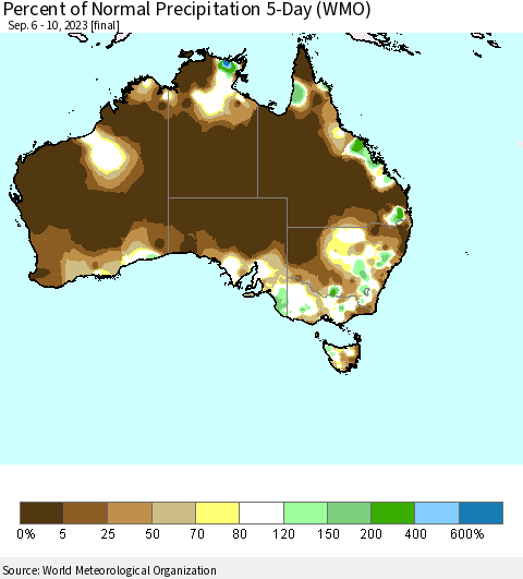Australia Percent of Normal Precipitation 5-Day (WMO) Thematic Map For 9/6/2023 - 9/10/2023