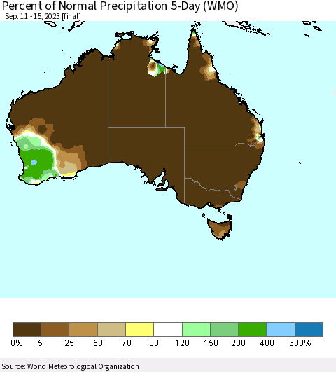 Australia Percent of Normal Precipitation 5-Day (WMO) Thematic Map For 9/11/2023 - 9/15/2023