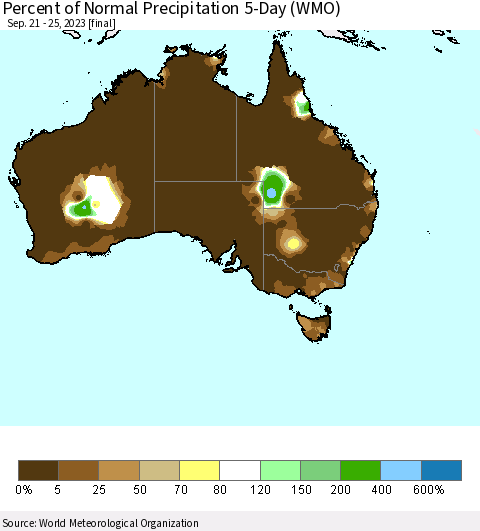 Australia Percent of Normal Precipitation 5-Day (WMO) Thematic Map For 9/21/2023 - 9/25/2023