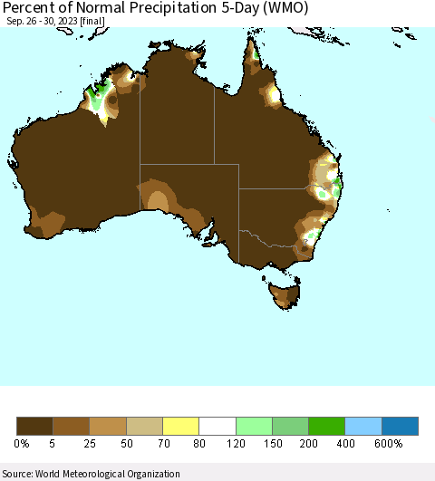 Australia Percent of Normal Precipitation 5-Day (WMO) Thematic Map For 9/26/2023 - 9/30/2023