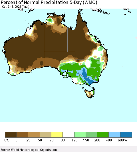 Australia Percent of Normal Precipitation 5-Day (WMO) Thematic Map For 10/1/2023 - 10/5/2023