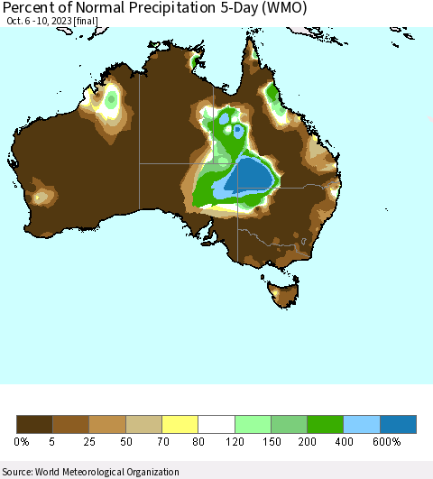 Australia Percent of Normal Precipitation 5-Day (WMO) Thematic Map For 10/6/2023 - 10/10/2023