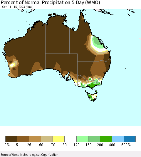 Australia Percent of Normal Precipitation 5-Day (WMO) Thematic Map For 10/11/2023 - 10/15/2023