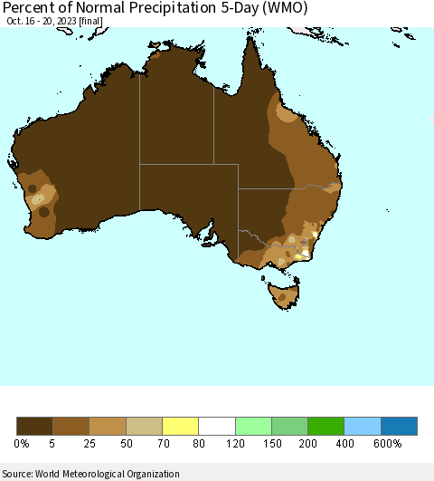 Australia Percent of Normal Precipitation 5-Day (WMO) Thematic Map For 10/16/2023 - 10/20/2023