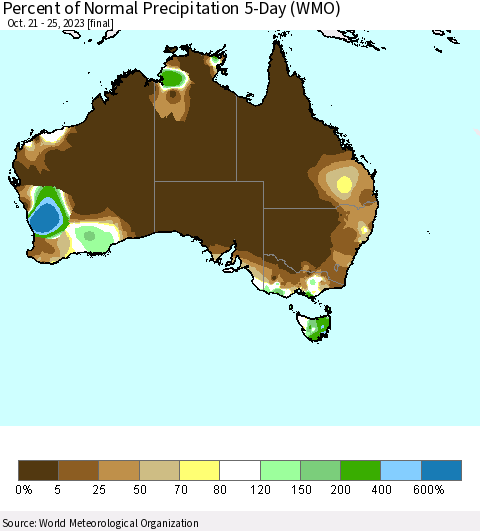 Australia Percent of Normal Precipitation 5-Day (WMO) Thematic Map For 10/21/2023 - 10/25/2023
