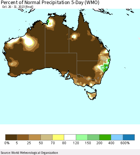 Australia Percent of Normal Precipitation 5-Day (WMO) Thematic Map For 10/26/2023 - 10/31/2023