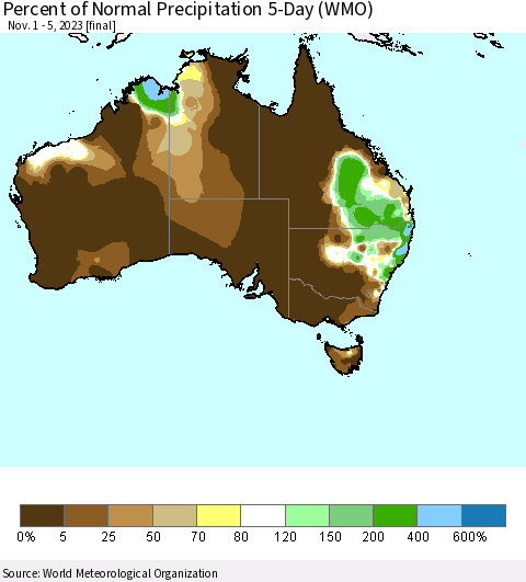 Australia Percent of Normal Precipitation 5-Day (WMO) Thematic Map For 11/1/2023 - 11/5/2023