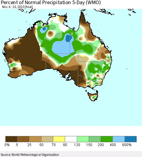 Australia Percent of Normal Precipitation 5-Day (WMO) Thematic Map For 11/6/2023 - 11/10/2023