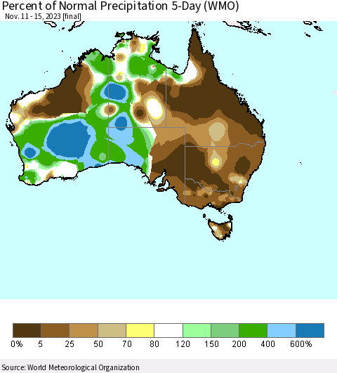 Australia Percent of Normal Precipitation 5-Day (WMO) Thematic Map For 11/11/2023 - 11/15/2023