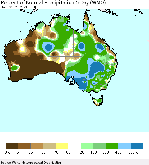 Australia Percent of Normal Precipitation 5-Day (WMO) Thematic Map For 11/21/2023 - 11/25/2023