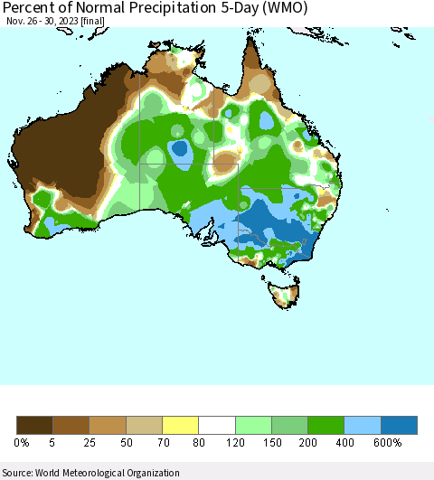 Australia Percent of Normal Precipitation 5-Day (WMO) Thematic Map For 11/26/2023 - 11/30/2023