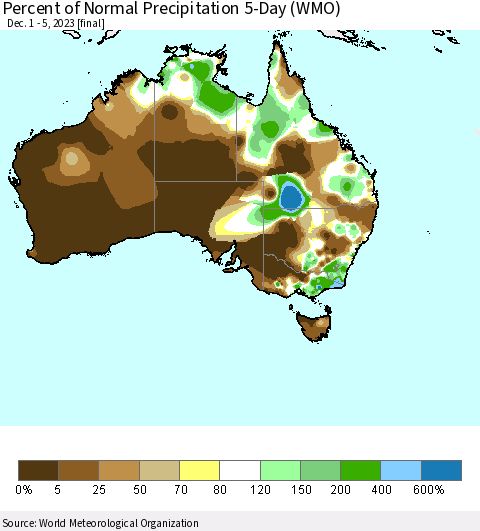 Australia Percent of Normal Precipitation 5-Day (WMO) Thematic Map For 12/1/2023 - 12/5/2023