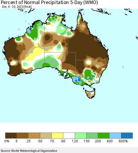 Australia Percent of Normal Precipitation 5-Day (WMO) Thematic Map For 12/6/2023 - 12/10/2023