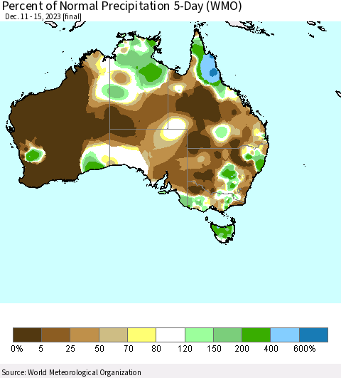 Australia Percent of Normal Precipitation 5-Day (WMO) Thematic Map For 12/11/2023 - 12/15/2023
