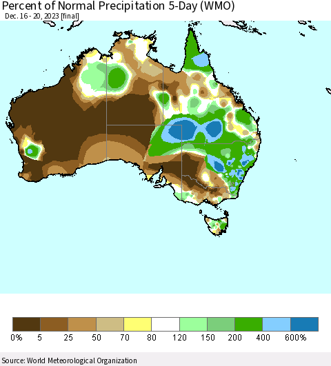 Australia Percent of Normal Precipitation 5-Day (WMO) Thematic Map For 12/16/2023 - 12/20/2023