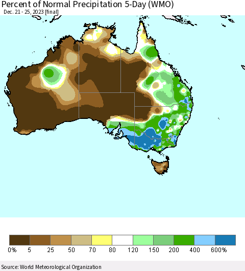 Australia Percent of Normal Precipitation 5-Day (WMO) Thematic Map For 12/21/2023 - 12/25/2023