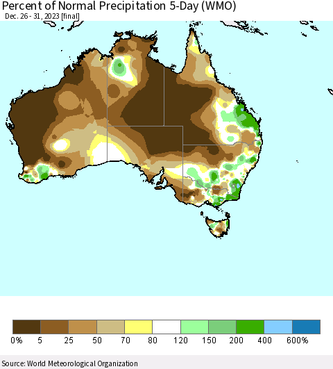 Australia Percent of Normal Precipitation 5-Day (WMO) Thematic Map For 12/26/2023 - 12/31/2023