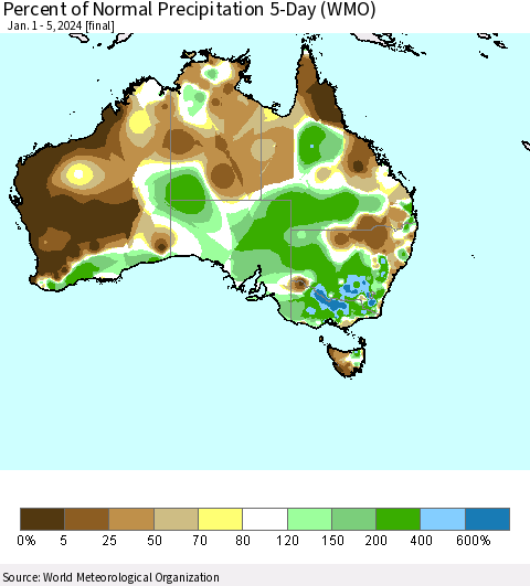 Australia Percent of Normal Precipitation 5-Day (WMO) Thematic Map For 1/1/2024 - 1/5/2024
