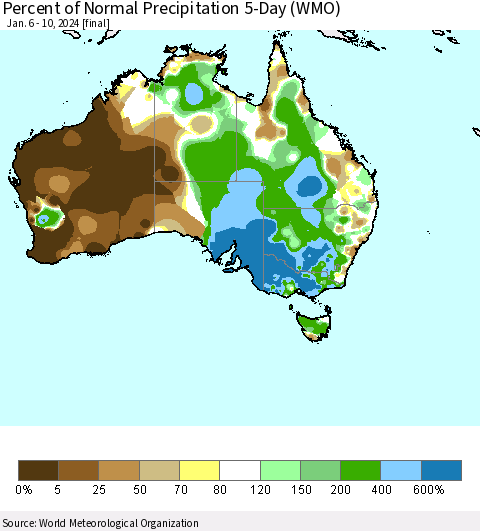 Australia Percent of Normal Precipitation 5-Day (WMO) Thematic Map For 1/6/2024 - 1/10/2024