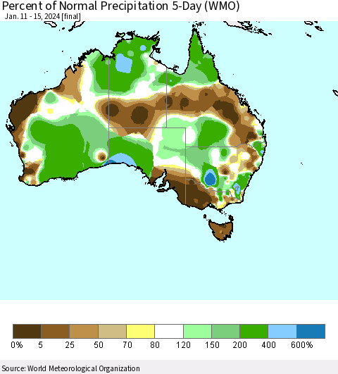 Australia Percent of Normal Precipitation 5-Day (WMO) Thematic Map For 1/11/2024 - 1/15/2024