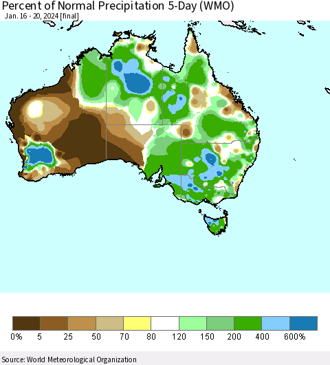 Australia Percent of Normal Precipitation 5-Day (WMO) Thematic Map For 1/16/2024 - 1/20/2024