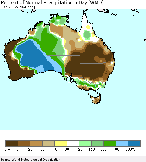 Australia Percent of Normal Precipitation 5-Day (WMO) Thematic Map For 1/21/2024 - 1/25/2024