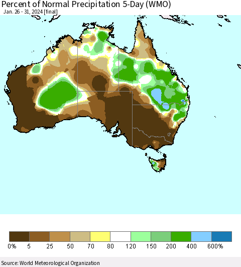 Australia Percent of Normal Precipitation 5-Day (WMO) Thematic Map For 1/26/2024 - 1/31/2024