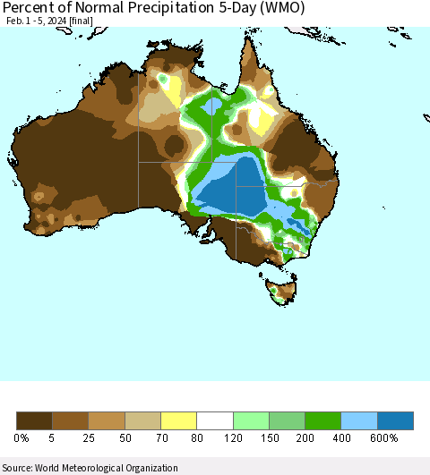Australia Percent of Normal Precipitation 5-Day (WMO) Thematic Map For 2/1/2024 - 2/5/2024