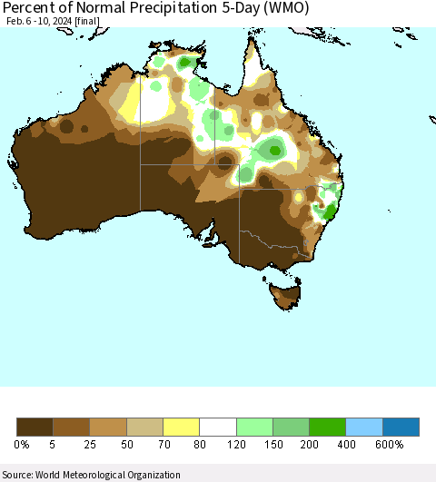 Australia Percent of Normal Precipitation 5-Day (WMO) Thematic Map For 2/6/2024 - 2/10/2024