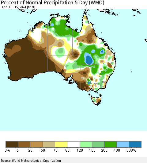Australia Percent of Normal Precipitation 5-Day (WMO) Thematic Map For 2/11/2024 - 2/15/2024