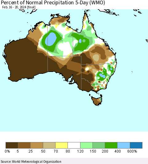 Australia Percent of Normal Precipitation 5-Day (WMO) Thematic Map For 2/16/2024 - 2/20/2024