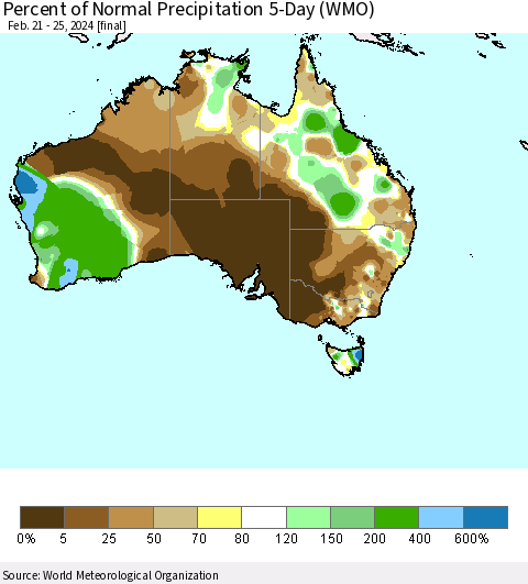 Australia Percent of Normal Precipitation 5-Day (WMO) Thematic Map For 2/21/2024 - 2/25/2024