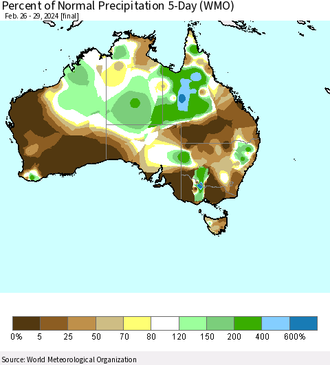 Australia Percent of Normal Precipitation 5-Day (WMO) Thematic Map For 2/26/2024 - 2/29/2024
