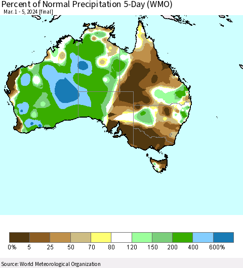 Australia Percent of Normal Precipitation 5-Day (WMO) Thematic Map For 3/1/2024 - 3/5/2024