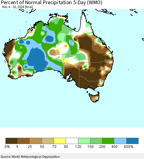 Australia Percent of Normal Precipitation 5-Day (WMO) Thematic Map For 3/6/2024 - 3/10/2024