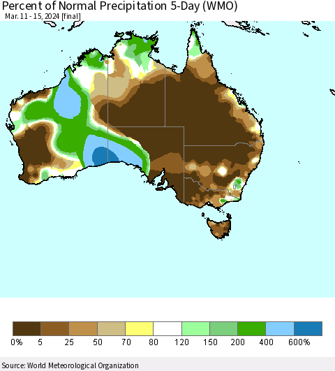 Australia Percent of Normal Precipitation 5-Day (WMO) Thematic Map For 3/11/2024 - 3/15/2024