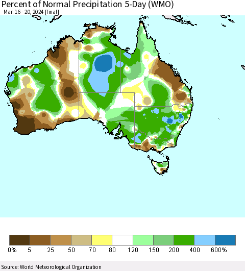 Australia Percent of Normal Precipitation 5-Day (WMO) Thematic Map For 3/16/2024 - 3/20/2024
