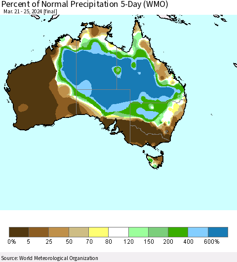 Australia Percent of Normal Precipitation 5-Day (WMO) Thematic Map For 3/21/2024 - 3/25/2024