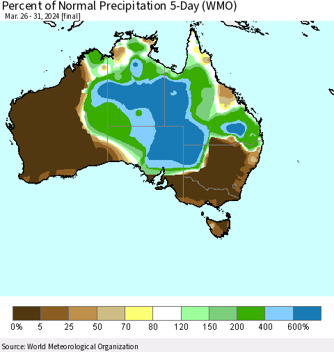 Australia Percent of Normal Precipitation 5-Day (WMO) Thematic Map For 3/26/2024 - 3/31/2024