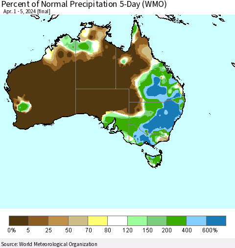 Australia Percent of Normal Precipitation 5-Day (WMO) Thematic Map For 4/1/2024 - 4/5/2024