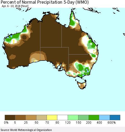 Australia Percent of Normal Precipitation 5-Day (WMO) Thematic Map For 4/6/2024 - 4/10/2024