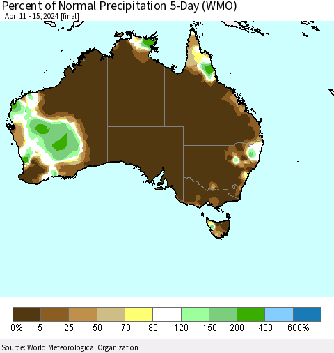 Australia Percent of Normal Precipitation 5-Day (WMO) Thematic Map For 4/11/2024 - 4/15/2024