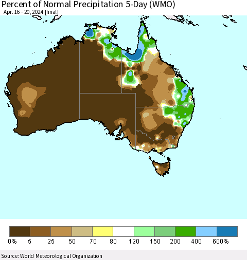 Australia Percent of Normal Precipitation 5-Day (WMO) Thematic Map For 4/16/2024 - 4/20/2024