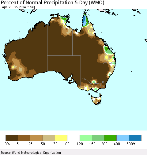 Australia Percent of Normal Precipitation 5-Day (WMO) Thematic Map For 4/21/2024 - 4/25/2024