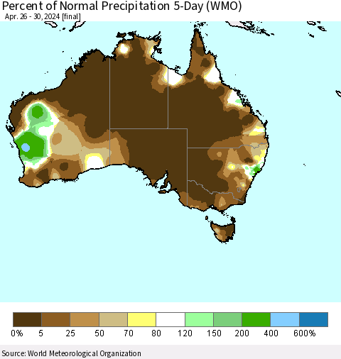 Australia Percent of Normal Precipitation 5-Day (WMO) Thematic Map For 4/26/2024 - 4/30/2024