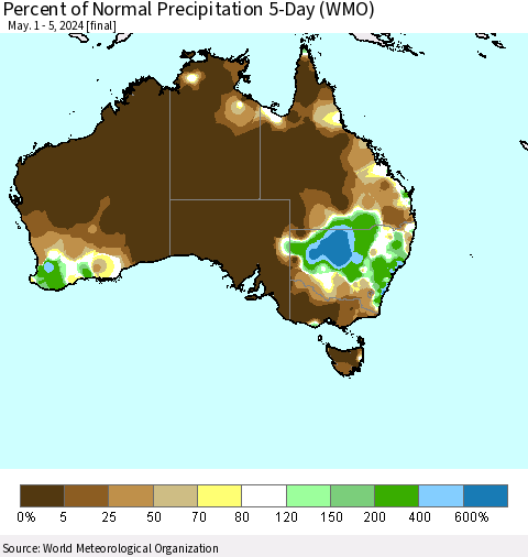 Australia Percent of Normal Precipitation 5-Day (WMO) Thematic Map For 5/1/2024 - 5/5/2024