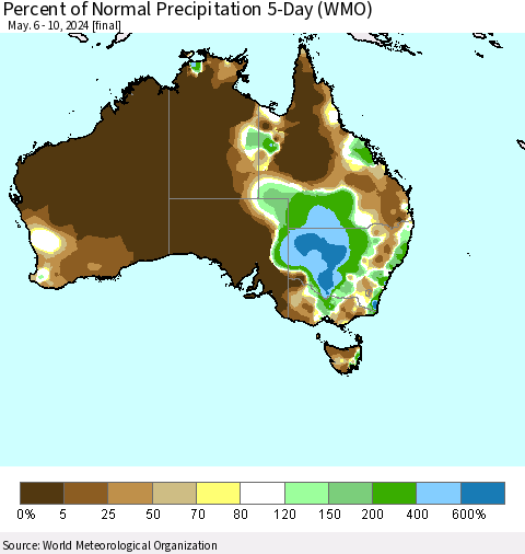 Australia Percent of Normal Precipitation 5-Day (WMO) Thematic Map For 5/6/2024 - 5/10/2024